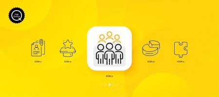 Téléchargez les illustrations : Interview documents, Puzzle and Winner podium minimal line icons. Yellow abstract background. Group people, Pie chart icons. For web, application, printing. Vector - en licence libre de droit