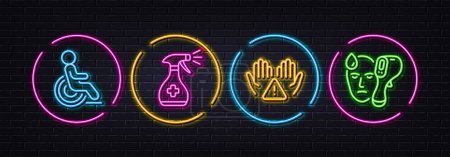 Illustration for Disability, Medical cleaning and Clean hands minimal line icons. Neon laser 3d lights. Electronic thermometer icons. For web, application, printing. Vector - Royalty Free Image