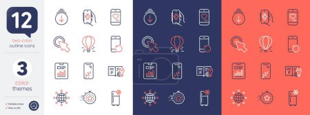 Illustration for Set of Report document, Timer and Air balloon line icons. Include Music app, Engineering documentation, International globe icons. Love chat, Smartphone broken, Click here web elements. Vector - Royalty Free Image