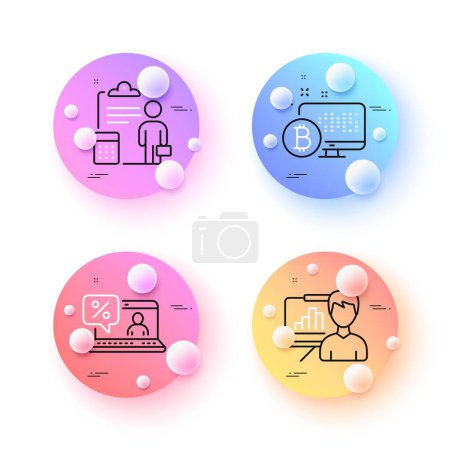Téléchargez les illustrations : Online loan, Accounting and Presentation board minimal line icons. 3d spheres or balls buttons. Bitcoin system icons. For web, application, printing. Vector - en licence libre de droit