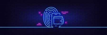 Illustration for Neon light glow effect. Wallet line icon. Money purse sign. Fingerprint cash symbol. 3d line neon glow icon. Brick wall banner. Wallet outline. Vector - Royalty Free Image