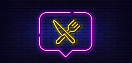 Ilustración de Neon light speech bubble. Food line icon. Cutlery sign. Fork, knife symbol. Neon light background. Food glow line. Brick wall banner. Vector - Imagen libre de derechos