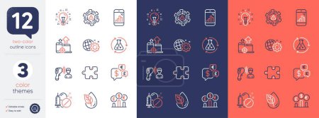 Illustration for Set of Puzzle, Coronavirus and Seo gear line icons. Include Money currency, Organic product, Idea icons. Medical drugs, Electronic thermometer, Currency rate web elements. Bicolor outline icon. Vector - Royalty Free Image