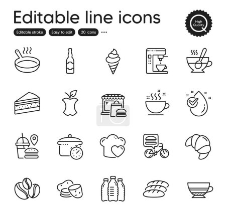 Téléchargez les illustrations : Set of Food and drink outline icons. Contains icons as Water drop, Coffee maker and Cake elements. Coffee cup, Food delivery, Food market web signs. Tea cup, Coffee-berry beans. Vector - en licence libre de droit