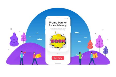 Illustration for Boom comic cartoon bubble banner. Phone ui interface banner. Discount sticker shape. Sale coupon icon. Mobile smartphone promo banner. Boom bubble tag. Man with gift box. Vector - Royalty Free Image