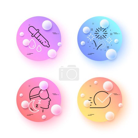 Illustration for Insomnia, Chemistry pipette and Checkbox minimal line icons. 3d spheres or balls buttons. Fireworks icons. For web, application, printing. Sleeping goggles, Laboratory, Approved. Vector - Royalty Free Image