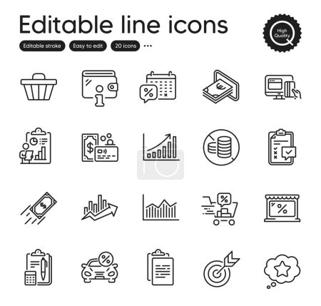Illustration for Set of Finance outline icons. Contains icons as Graph chart, Market and Online payment elements. Loyalty star, Card, Growth chart web signs. Wallet, Fast payment, No cash elements. Vector - Royalty Free Image