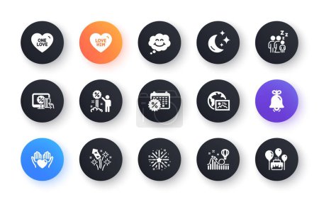 Illustration for Minimal set of Online shopping, Calendar discounts and Sleep flat icons for web development. One love, Smile, Web photo icons. Fireworks rocket, Discount, Love him web elements. Bell. Vector - Royalty Free Image