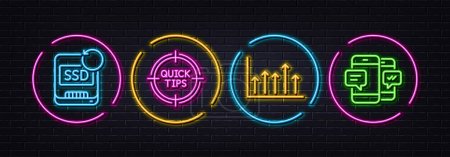 Illustration for Recovery ssd, Tips and Growth chart minimal line icons. Neon laser 3d lights. Smartphone sms icons. For web, application, printing. Backup info, Quick tricks, Upper arrows. Mobile messages. Vector - Royalty Free Image