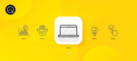 Illustration for Checkbox, Laptop and Idea minimal line icons. Yellow abstract background. Verified internet, Report timer icons. For web, application, printing. Approved, Mobile computer, Light bulb. Vector - Royalty Free Image