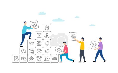 Illustration for Time line icons. People team work concept. Set of Calendar, Time management timer and Delivery service linear icons. Checklist, Stopwatch timer and hourglass. Vector - Royalty Free Image