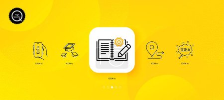Téléchargez les illustrations : Engineering documentation, Throw hats and Idea minimal line icons. Yellow abstract background. Support, Journey icons. For web, application, printing. Vector - en licence libre de droit