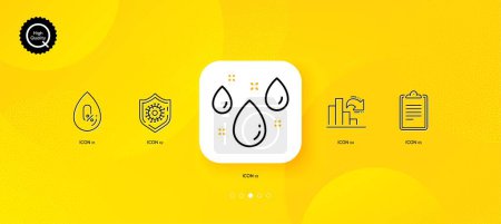 Illustration for Coronavirus protection, No alcohol and Rainy weather minimal line icons. Yellow abstract background. Decreasing graph, Clipboard icons. For web, application, printing. Vector - Royalty Free Image
