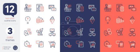 Téléchargez les illustrations : Set of Work home, Swipe up and Exhibitors line icons. Include Photo camera, Microscope, Ice cream icons. Social media, Money loss, Inspect web elements. Quick tips, Seo shopping, Clipboard. Vector - en licence libre de droit