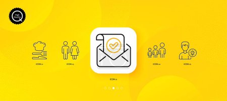 Illustration for Business hierarchy, Confirmed mail and Person idea minimal line icons. Yellow abstract background. Food, Restroom icons. For web, application, printing. Vector - Royalty Free Image