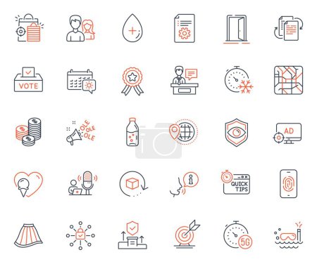 Illustration for Business icons set. Included icon as Seo adblock, Security agency and Ice cream web elements. Vote box, Seo shopping, Metro map icons. Technical documentation, Eye detect. Vector - Royalty Free Image