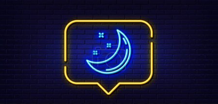 Téléchargez les illustrations : Neon light speech bubble. Moon and stars line icon. Night sign. Sleep symbol. Neon light background. Moon stars glow line. Brick wall banner. Vector - en licence libre de droit