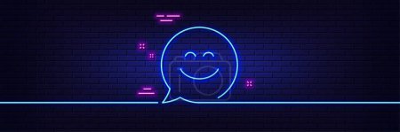 Illustration for Neon light glow effect. Smile chat line icon. Happy emoticon sign. Speech bubble symbol. 3d line neon glow icon. Brick wall banner. Smile chat outline. Vector - Royalty Free Image