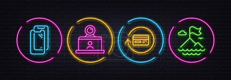 Illustration for Video conference, Refund commission and Smartphone glass minimal line icons. Neon laser 3d lights. Mountain flag icons. For web, application, printing. Vector - Royalty Free Image