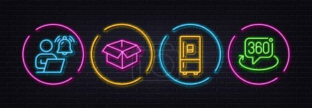 Téléchargez les illustrations : User notification, Refrigerator and Opened box minimal line icons. Neon laser 3d lights. 360 degree icons. For web, application, printing. Work notice, Fridge ice maker, Shipping parcel. Vector - en licence libre de droit