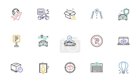 Illustration for Online delivery, Food delivery and Journey line icons for website, printing. Collection of Air balloon, No parking, Road icons. Transport insurance, Paper plane, Parking garage web elements. Vector - Royalty Free Image