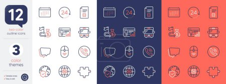 Illustration for Set of Call center, Calendar and Financial goal line icons. Include Web report, Puzzle, Scroll down icons. World insurance, 5g internet, 24 hours web elements. Reject file, Bus, Speech bubble. Vector - Royalty Free Image