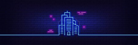 Illustration for Neon light glow effect. Skyscraper buildings line icon. City architecture sign. Town symbol. 3d line neon glow icon. Brick wall banner. Skyscraper buildings outline. Vector - Royalty Free Image