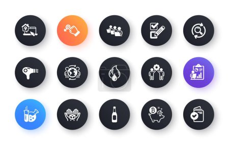Téléchargez les illustrations : Minimal set of Bitcoin coin, Beer and Checkbox flat icons for web development. Teamwork, Hair dryer, Flammable fuel icons. Chemistry lab, Employees teamwork, Hold box web elements. Vector - en licence libre de droit