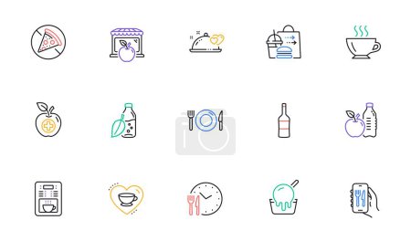 Illustration for Love coffee, Food and Ice cream line icons for website, printing. Collection of Medical food, Coffee maker, Wine icons. Romantic dinner, Market, Restaurant app web elements. Water bottle. Vector - Royalty Free Image