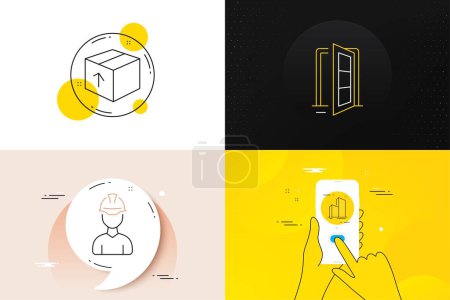 Illustration for Minimal set of Skyscraper buildings, Foreman and Open door line icons. Phone screen, Quote banners. Package icons. For web development. Town architecture, Architect person, Entrance. Vector - Royalty Free Image