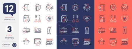 Illustration for Set of Shield, Cyber attack and Entrance line icons. Include Business report, Pants, Shuttle bus icons. Cooking cutlery, Get box, Coffee web elements. Romantic gift, Wallet, Smile. Safe secure. Vector - Royalty Free Image