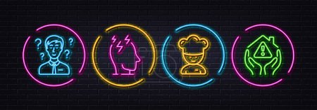 Illustration for Cooking chef, Stress and Support consultant minimal line icons. Neon laser 3d lights. House protection icons. For web, application, printing. Sous-chef, Mind anxiety, Question mark. Vector - Royalty Free Image