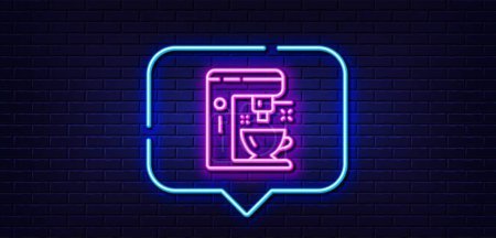 Illustration for Neon light speech bubble. Coffee maker line icon. Tea machine sign. Hotel service symbol. Neon light background. Coffee maker glow line. Brick wall banner. Vector - Royalty Free Image