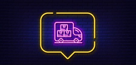 Illustration for Neon light speech bubble. Delivery truck line icon. Warehouse boxes sign. Wholesale goods symbol. Neon light background. Delivery truck glow line. Brick wall banner. Vector - Royalty Free Image
