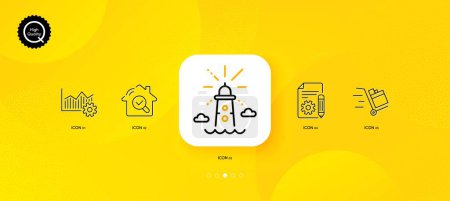 Illustration for Push cart, Operational excellence and Lighthouse minimal line icons. Yellow abstract background. Documentation, Inspect icons. For web, application, printing. Vector - Royalty Free Image