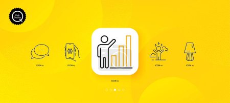 Téléchargez les illustrations : Table lamp, Dots message and Air conditioning minimal line icons. Yellow abstract background. Graph chart, Difficult stress icons. For web, application, printing. Vector - en licence libre de droit