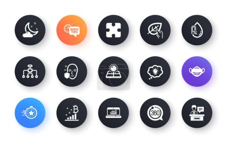 Illustration for Minimal set of Bitcoin graph, Sun energy and Timer flat icons for web development. Night weather, Organic tested, Medical mask icons. 360 degrees, Restructuring, Face protection web elements. Vector - Royalty Free Image