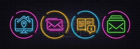 Illustration for Manual, Messenger mail and Work home minimal line icons. Neon laser 3d lights. Mail icons. For web, application, printing. Read book, New e-mail, Freelance work. New messages. Vector - Royalty Free Image