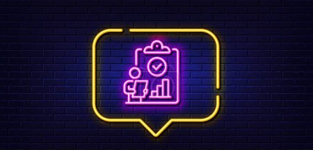 Illustration for Neon light speech bubble. Inspect line icon. Quality research sign. Verification report list symbol. Neon light background. Inspect glow line. Brick wall banner. Vector - Royalty Free Image