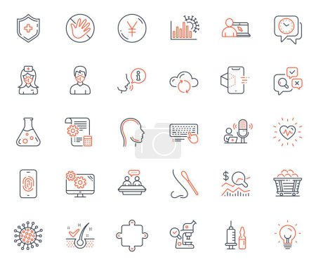 Illustration for Science icons set. Included icon as Coal trolley, Yen money and Inspect web elements. Chemistry lab, Cloud sync, Puzzle icons. Nurse, Medical mask, Augmented reality web signs. Vector - Royalty Free Image
