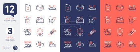 Téléchargez les illustrations : Set of Metro, Shuttle bus and Food delivery line icons. Include World globe, Office box, Express delivery icons. Air balloon, Honeymoon travel, Parking security web elements. Escalator. Vector - en licence libre de droit