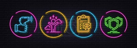 Téléchargez les illustrations : Difficult stress, Electronic thermometer and Eye checklist minimal line icons. Neon laser 3d lights. Shields icons. For web, application, printing. Mind anxiety, Temperature scan, Optometry. Vector - en licence libre de droit