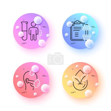 Illustration for Medical analyzes, Organic product and Sick man minimal line icons. 3d spheres or balls buttons. Dumbbell icons. For web, application, printing. Medicine results, Leaf, Epidemic protection. Vector - Royalty Free Image