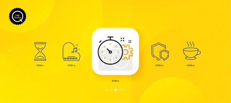 Illustration for Time hourglass, Cogwheel timer and Piano minimal line icons. Yellow abstract background. Shields, Coffee cup icons. For web, application, printing. Sand watch, Engineering tool, Fortepiano. Vector - Royalty Free Image