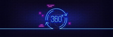 Illustration for Neon light glow effect. 360 degree line icon. Full rotation sign. VR technology simulation symbol. 3d line neon glow icon. Brick wall banner. Full rotation outline. Vector - Royalty Free Image