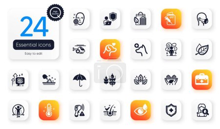 Téléchargez les illustrations : Set of Healthcare flat icons. Face verified, Fair trade and Vaccination passport elements for web application. Thermometer, Moisturizing cream, Electronic thermometer icons. Eye drops. Vector - en licence libre de droit