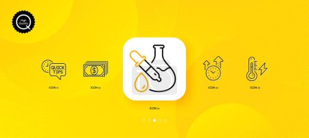 Illustration for Electricity power, Payment and Quick tips minimal line icons. Yellow abstract background. Chemistry experiment, Time management icons. For web, application, printing. Vector - Royalty Free Image