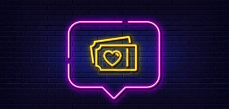 Illustration for Neon light speech bubble. Love tickets line icon. Valentines day sign. Couple relationships symbol. Neon light background. Love tickets glow line. Brick wall banner. Vector - Royalty Free Image