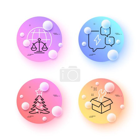 Illustration for Magistrates court, Christmas tree and Stress minimal line icons. 3d spheres or balls buttons. Spanner icons. For web, application, printing. Internet judgement, Spruce, Anxiety chat. Vector - Royalty Free Image