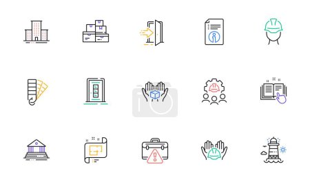 Illustration for Door, Wholesale goods and University campus line icons for website, printing. Collection of Hold box, Warning briefcase, Builders union icons. Court building, Entrance, Lighthouse web elements. Vector - Royalty Free Image